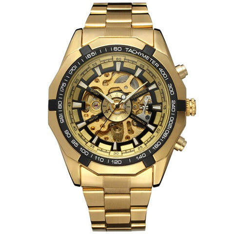 WINNER Brand Rose Gold Stainless Steel Mens Skeleton Watches Transparent Mechanical Male Wrist Watch Relogio Masculino