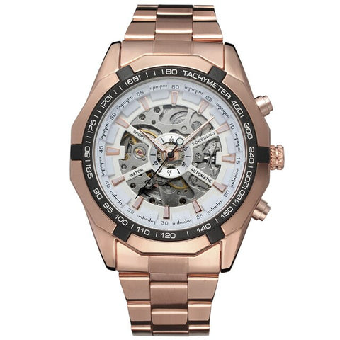 WINNER Brand Rose Gold Stainless Steel Mens Skeleton Watches Transparent Mechanical Male Wrist Watch Relogio Masculino