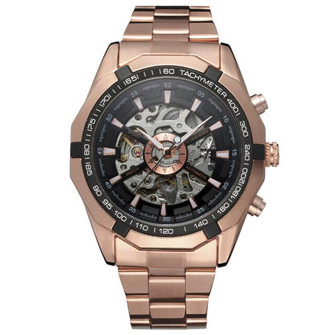 WINNER Brand Rose Gold Stainless Steel Mens Skeleton Watches Transparent Mechanical Male Wrist Watch Relogio Masculino