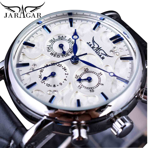 Jaragar Brand Men Automatic Self Wind Mechanical Watch White 3 Dials Calendar Blue Hands Simple Business Leather Band Wristwatch