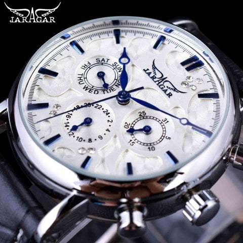 Jaragar Brand Men Automatic Self Wind Mechanical Watch White 3 Dials Calendar Blue Hands Simple Business Leather Band Wristwatch