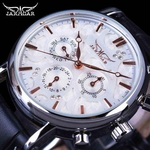 Jaragar Brand Men Automatic Self Wind Mechanical Watch White 3 Dials Calendar Blue Hands Simple Business Leather Band Wristwatch