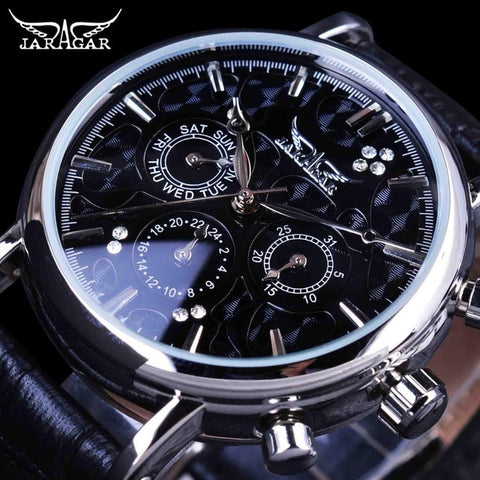 Jaragar Brand Men Automatic Self Wind Mechanical Watch White 3 Dials Calendar Blue Hands Simple Business Leather Band Wristwatch