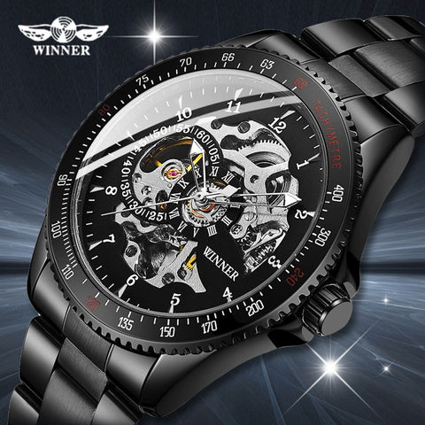 WINNER 2019 Black Stainless Steel Mens Skeleton Watches Top Brand Luxury Transparent Mechanical Male Automatic Wrist Watch