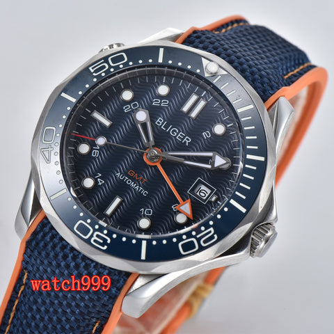 BLIGER 41mm date light GMT sapphire glass automatic men's casual watch blue dial rubber strap waterproof mechanical watch