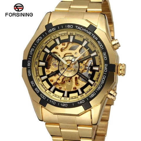 Sport Racing Series Skeleton Stainless Steel Black Golden Dial Forsining Top Brand Luxury Watches Men Automatic Watch Clock Men