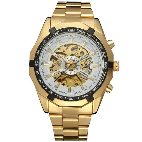 Sport Racing Series Skeleton Stainless Steel Black Golden Dial Forsining Top Brand Luxury Watches Men Automatic Watch Clock Men