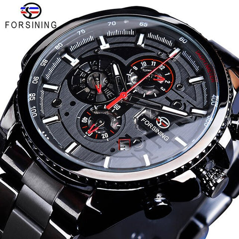 Forsining Hot Sale Mechanical Automatic Mens Watch Black Stainless Steel Waterproof Calendar 3 Dial Fashion Business Man Watches