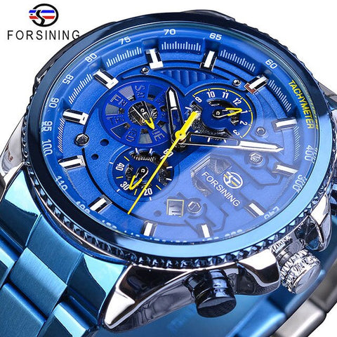 Forsining Hot Sale Mechanical Automatic Mens Watch Black Stainless Steel Waterproof Calendar 3 Dial Fashion Business Man Watches