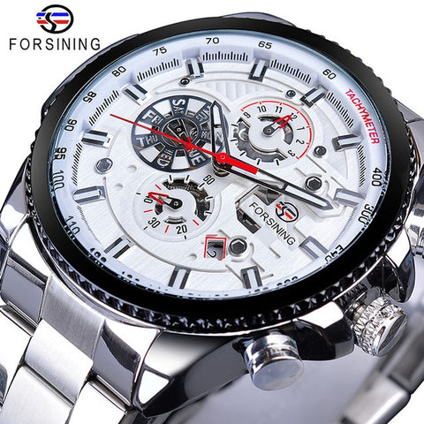 Forsining Hot Sale Mechanical Automatic Mens Watch Black Stainless Steel Waterproof Calendar 3 Dial Fashion Business Man Watches