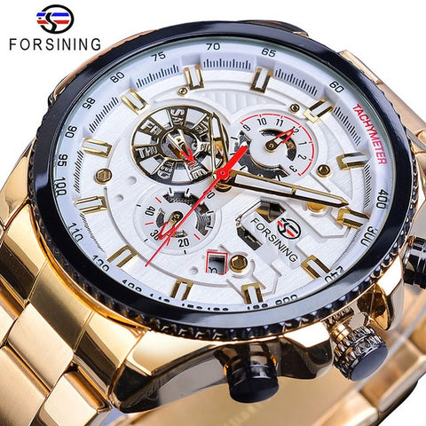 Forsining Hot Sale Mechanical Automatic Mens Watch Black Stainless Steel Waterproof Calendar 3 Dial Fashion Business Man Watches