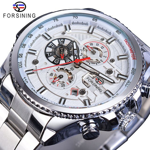 Forsining Hot Sale Mechanical Automatic Mens Watch Black Stainless Steel Waterproof Calendar 3 Dial Fashion Business Man Watches