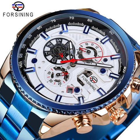 Forsining Hot Sale Mechanical Automatic Mens Watch Black Stainless Steel Waterproof Calendar 3 Dial Fashion Business Man Watches