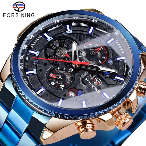 Forsining Hot Sale Mechanical Automatic Mens Watch Black Stainless Steel Waterproof Calendar 3 Dial Fashion Business Man Watches