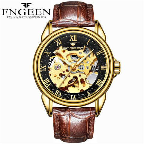 FNGEEN Men Luxury Skeleton Automatic Winding Mechanical Watches Gold Stainless Steel Waterproof Wristwatch Male Time hours 8866G