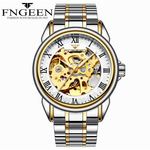 FNGEEN Men Luxury Skeleton Automatic Winding Mechanical Watches Gold Stainless Steel Waterproof Wristwatch Male Time hours 8866G