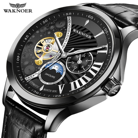 WAKNOER Fashion Automatic Mechanical Skeleton Watches Men Luxury Leather Watch Creative Moon Dial Design Watch Relogio Masculino