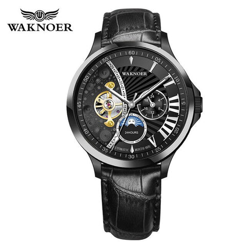 WAKNOER Fashion Automatic Mechanical Skeleton Watches Men Luxury Leather Watch Creative Moon Dial Design Watch Relogio Masculino