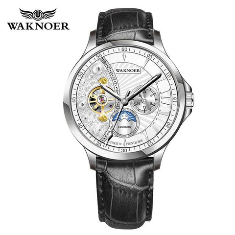 WAKNOER Fashion Automatic Mechanical Skeleton Watches Men Luxury Leather Watch Creative Moon Dial Design Watch Relogio Masculino