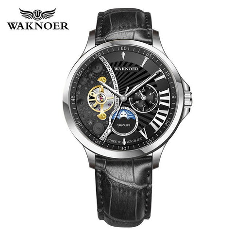 WAKNOER Fashion Automatic Mechanical Skeleton Watches Men Luxury Leather Watch Creative Moon Dial Design Watch Relogio Masculino