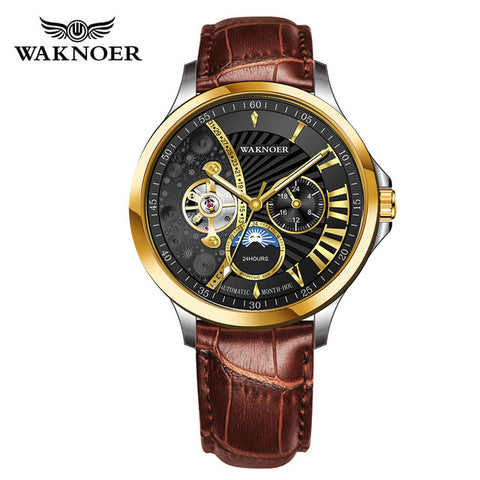 WAKNOER Fashion Automatic Mechanical Skeleton Watches Men Luxury Leather Watch Creative Moon Dial Design Watch Relogio Masculino