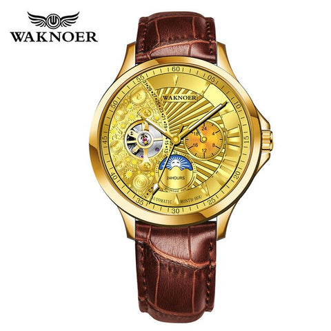 WAKNOER Fashion Automatic Mechanical Skeleton Watches Men Luxury Leather Watch Creative Moon Dial Design Watch Relogio Masculino