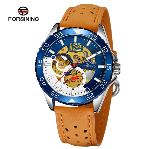 Forsining Brand Sport Automatic Skeleton Watch Mens Luminous Genuine Leather Strap Mechanical Wristwatches Relogio Masculino