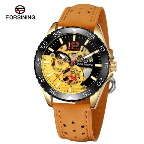 Forsining Brand Sport Automatic Skeleton Watch Mens Luminous Genuine Leather Strap Mechanical Wristwatches Relogio Masculino