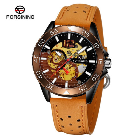 Forsining Brand Sport Automatic Skeleton Watch Mens Luminous Genuine Leather Strap Mechanical Wristwatches Relogio Masculino