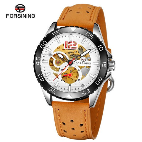 Forsining Brand Sport Automatic Skeleton Watch Mens Luminous Genuine Leather Strap Mechanical Wristwatches Relogio Masculino