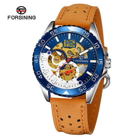 Forsining Brand Sport Automatic Skeleton Watch Mens Luminous Genuine Leather Strap Mechanical Wristwatches Relogio Masculino