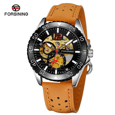 Forsining Brand Sport Automatic Skeleton Watch Mens Luminous Genuine Leather Strap Mechanical Wristwatches Relogio Masculino