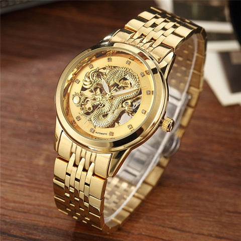 Luxury Dragon Skeleton Automatic Mechanical Watches For Men Wrist Watch Stainless Steel Strap Gold Clock Waterproof Mens relogio