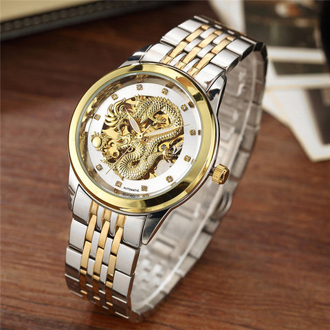 Luxury Dragon Skeleton Automatic Mechanical Watches For Men Wrist Watch Stainless Steel Strap Gold Clock Waterproof Mens relogio