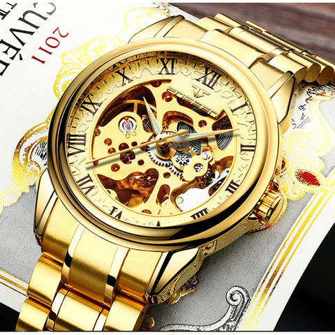 FNGEEN Men Luxury Skeleton Automatic Winding Mechanical Watches Gold Stainless Steel Waterproof Wristwatch Male Time hours 8866G