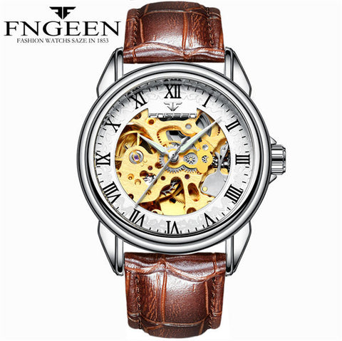 FNGEEN Men Luxury Skeleton Automatic Winding Mechanical Watches Gold Stainless Steel Waterproof Wristwatch Male Time hours 8866G