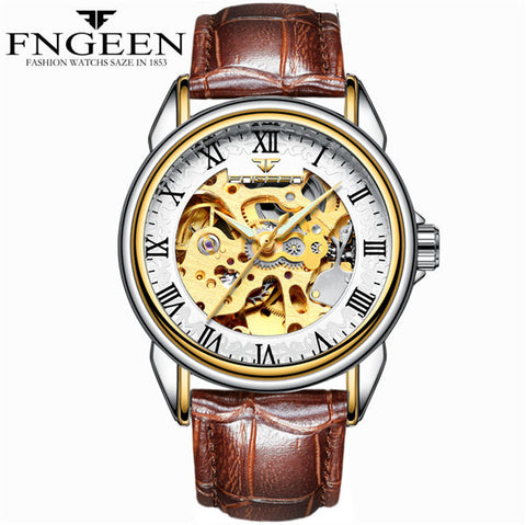 FNGEEN Men Luxury Skeleton Automatic Winding Mechanical Watches Gold Stainless Steel Waterproof Wristwatch Male Time hours 8866G