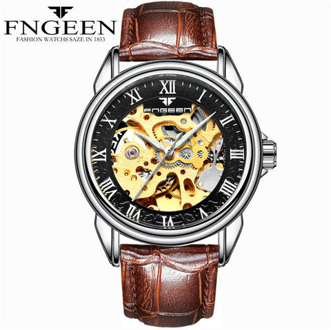 FNGEEN Men Luxury Skeleton Automatic Winding Mechanical Watches Gold Stainless Steel Waterproof Wristwatch Male Time hours 8866G