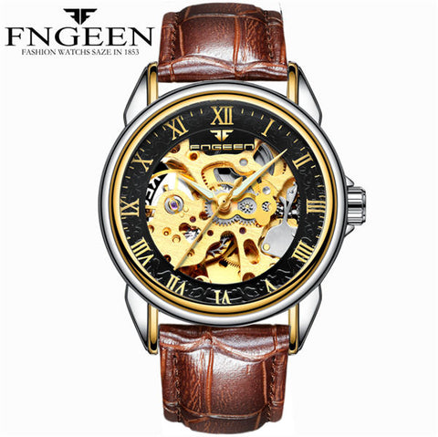 FNGEEN Men Luxury Skeleton Automatic Winding Mechanical Watches Gold Stainless Steel Waterproof Wristwatch Male Time hours 8866G