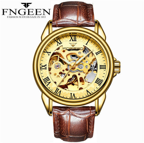 FNGEEN Men Luxury Skeleton Automatic Winding Mechanical Watches Gold Stainless Steel Waterproof Wristwatch Male Time hours 8866G