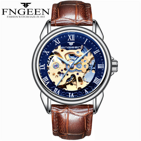 FNGEEN Men Luxury Skeleton Automatic Winding Mechanical Watches Gold Stainless Steel Waterproof Wristwatch Male Time hours 8866G