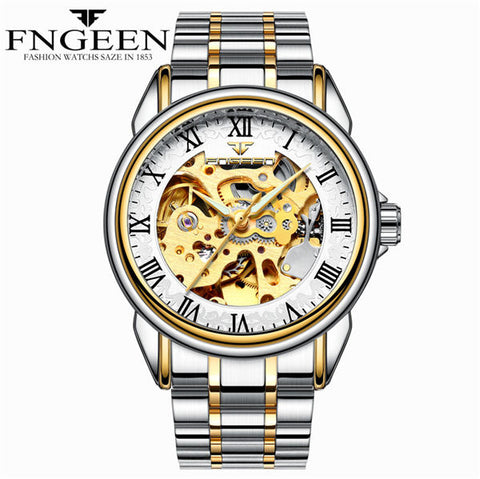 FNGEEN Men Luxury Skeleton Automatic Winding Mechanical Watches Gold Stainless Steel Waterproof Wristwatch Male Time hours 8866G