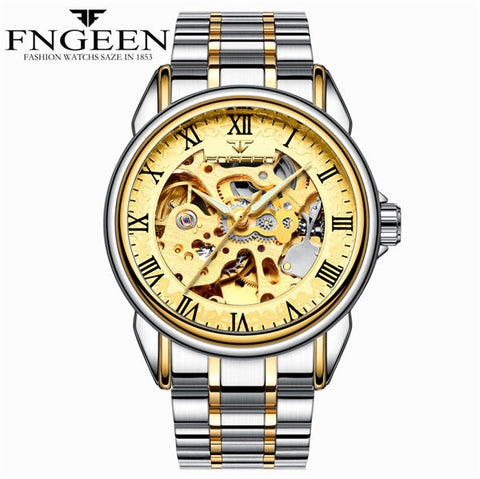 FNGEEN Men Luxury Skeleton Automatic Winding Mechanical Watches Gold Stainless Steel Waterproof Wristwatch Male Time hours 8866G