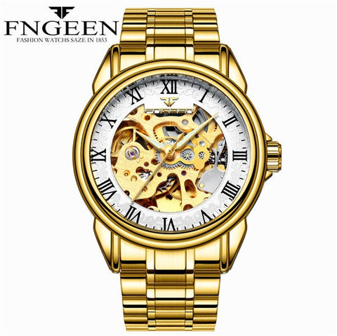 FNGEEN Men Luxury Skeleton Automatic Winding Mechanical Watches Gold Stainless Steel Waterproof Wristwatch Male Time hours 8866G