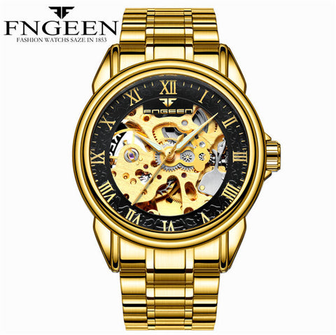 FNGEEN Men Luxury Skeleton Automatic Winding Mechanical Watches Gold Stainless Steel Waterproof Wristwatch Male Time hours 8866G