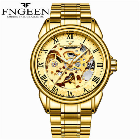 FNGEEN Men Luxury Skeleton Automatic Winding Mechanical Watches Gold Stainless Steel Waterproof Wristwatch Male Time hours 8866G