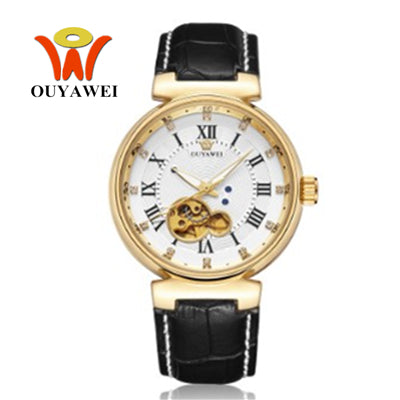 OYW Luxury White Golden Watches Mens Male Automatic Self Wind Dress Watch Leather Band Business Fashion Wristwatch Montre Homme