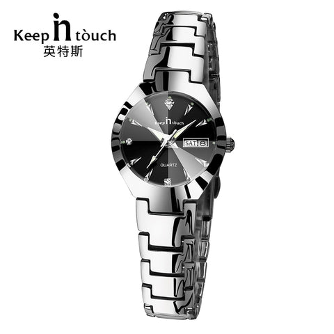 KEEP IN TOUCH Black Silver Watch Women Quartz Calendar Rhinestone Dress Bracelet Women's Watch Ladies Luminous Relogio Feminino