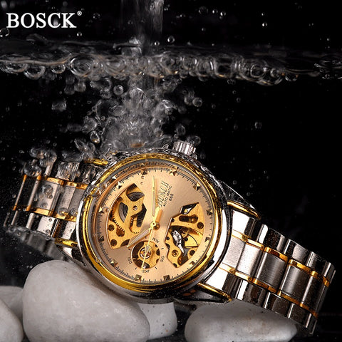 Bosck Brand Luxury Mechanical Men Watches Skeleton Automatic Gold Masculino Waterproof Self-winding Clock Stainless Steel Hombre