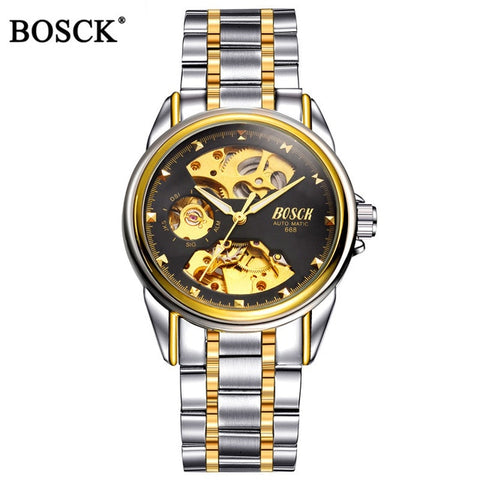 Bosck Brand Luxury Mechanical Men Watches Skeleton Automatic Gold Masculino Waterproof Self-winding Clock Stainless Steel Hombre